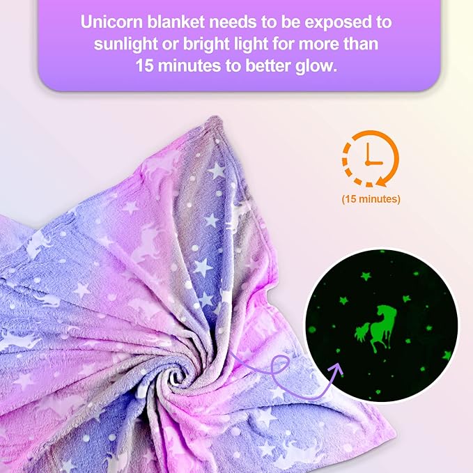Unicorn Glow in the Dark Kids Blanket, 50"x60" Soft Fleece Throw for Girls Age 3-12