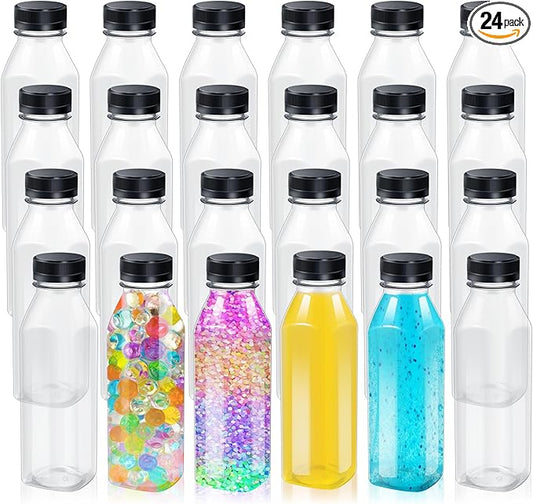 Honeydak 24 Pcs Empty Sensory Bottles Bulk with Black Lids 13.5 oz / 400 ml Clear Plastic Reusable Leakproof Juice Bottles Drink Container for Sensory Crafts Handmade Beverages Storage(Square)