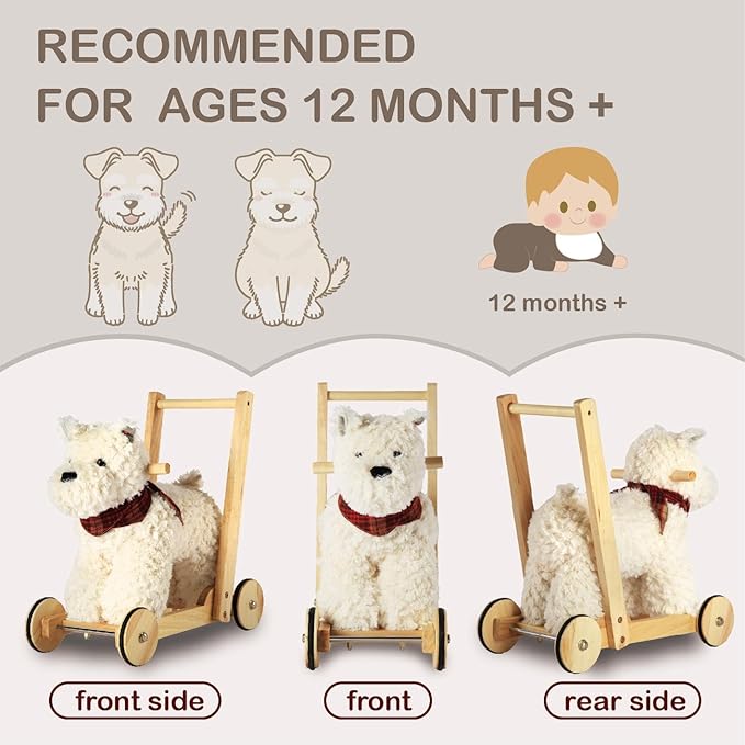 Wooden Baby Walker, 2-in-1 Baby Push Walker & Ride On Toy for Toddlers 12M+, Learning to Walk Toy with Sweet Music, Soft Cuddly Dog Toy for Boys Girls (Scottie Dog) CPC Certified