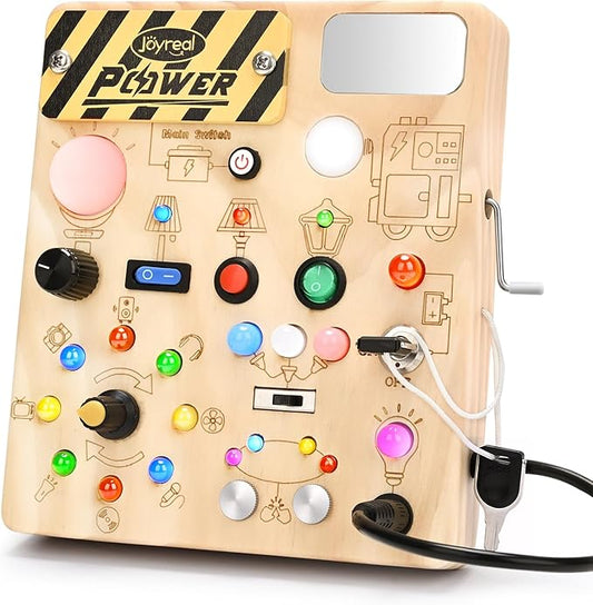 Joyreal Busy Board with 22 LED Light - Montessori Toys for 1 2 3 Years Old, Wooden Toddler Sensory Board for Kids with Autism, Fidget Board Travel Toys for 1+ Year Old Boy & Girl Birthday Gift (Big)