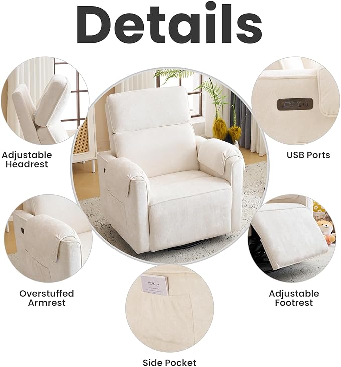 Oversized Power Recliner Chair Swivel Glider with Adjustable Headrest, Swivel Rocking Recliner Chair for Adults, 26" Extra Wide Glider Nursery Chair with Overstuffed Armrest, USB Ports, Cream