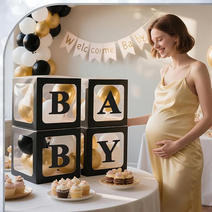 Ledido Baby Boxes with Letters for Baby Shower Decorations with 38 Balloons, 4 pcs Clear Baby Balloon Boxes Blocks for Baby Shower Decor Boy Girl Gender Reveal Decorations Backdrop Party (Black)