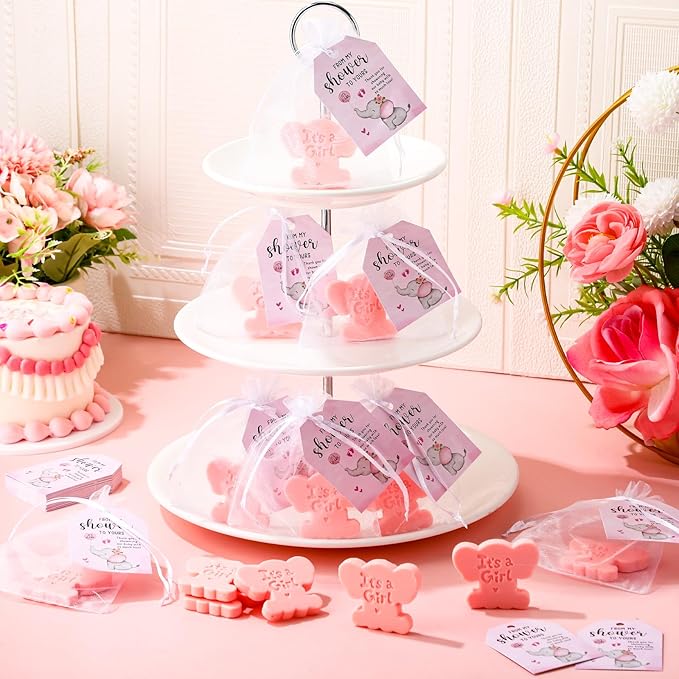 50 Sets Baby Shower Soap Favors for Guests Boy Girl Mini Handmade Scented Soaps with Thank You Tags and Organza Bags for Shower Gender Reveal Party Favors (It's A Girl,Pink Elephant)