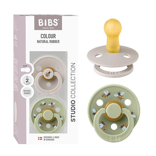 BIBS Colour Studio Soother 2-Pack, BPA Free Dummy Pacifier, Round Nipple. Natural Rubber Latex, Made in Denmark, Size 2 (6-18 Months), Mushroom/Sage