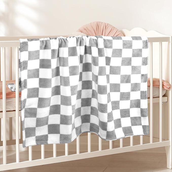 Plush Checkered Baby Blanket for Boys Girls Nursery, 30"*40" Warm Short Fleece Blanket Neutral for Infant Newborn, Small Fuzzy for Sleeping, Chenille or Stroller (Gray&White)