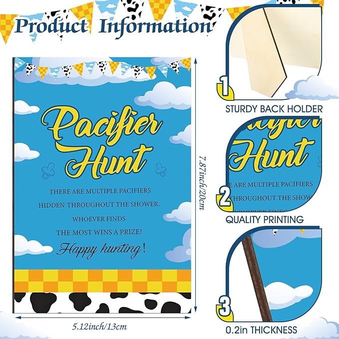 Thyle 51 Pcs Pacifier Hunt Baby Shower Games Include Hunt Sign and 50 Acrylic Pacifiers for Baby Shower Game Decoration Gift Sets Gender Reveal Party Decor(Blue Sky)