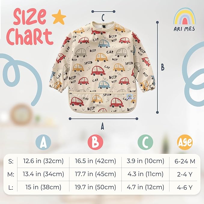 ARI MES Long Sleeves Waterproof Baby Bibs for Eating - Green Stripes, Small - Wearable, Coverall for Toddler, Long Sleeve Bib, Smock Apron for Feeding - Applicable for 6-72 Months