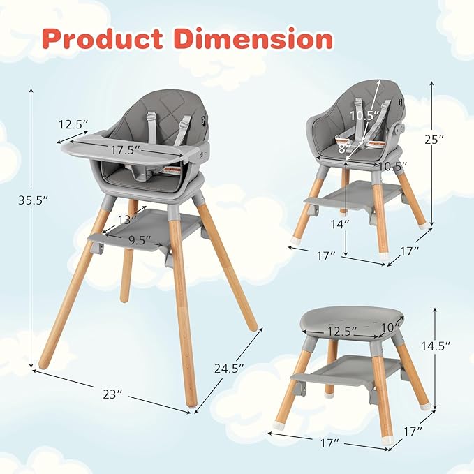 HONEY JOY Baby High Chair, 6 in 1 Convertible Wooden Highchair for Babies and Toddlers/Chair/Bar Stool, Removable Double Tray & Reversible Footrest, Safety Harness for Infant Boys Girls (Dark Gray)