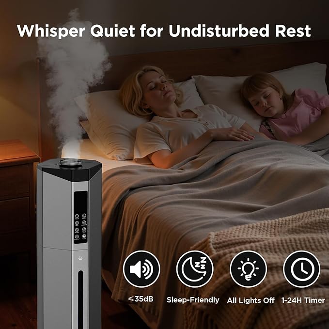 Humidifiers for Bedroom - GloryAir 2.38Gal/9L Dual Atomizers Top Fill Humidifier for Large Room 2000ft² with Auto Rotation 7-Color Light Humidistat Quiet Commercial Humidifiers for Plants Baby Adults