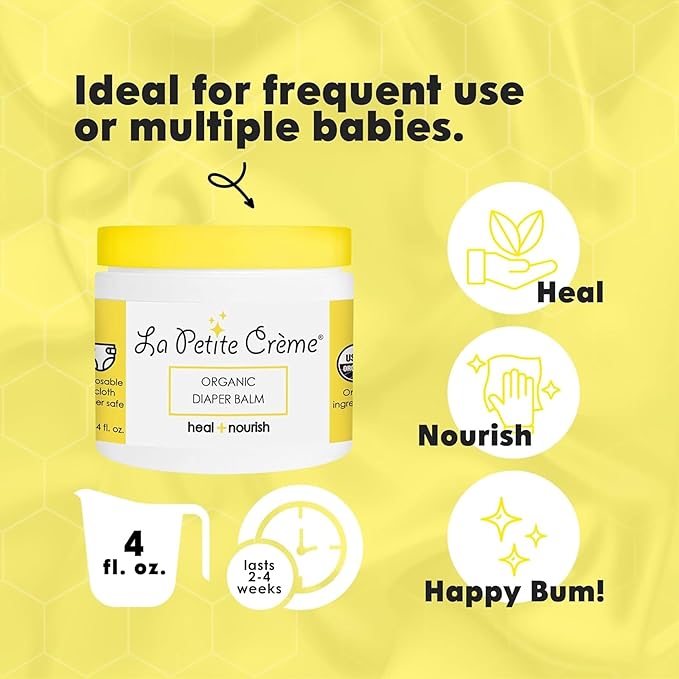 La Petite Creme French Organic Diaper Balm (4 oz) - Healing & Nourishing Diaper Cream - Gentle & Safe Liniment Baby Lotion - USDA Certified Organic - Baby Essentials for Newborn