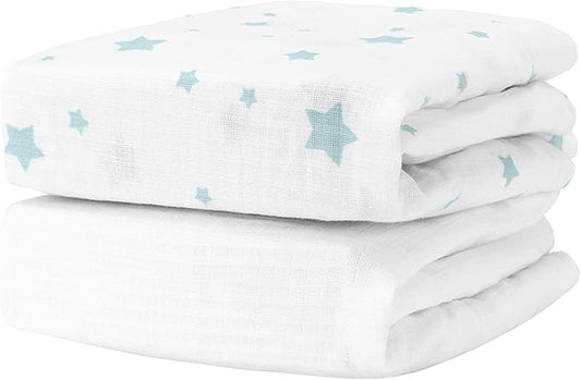 Newton Baby Organic Fitted Crib Sheets (2-Pack) - Ultra Breathable and Soft, 100% Organic Muslin Cotton, Stardust in Moonstone Mist & Solid White, Fits Standard Cribs