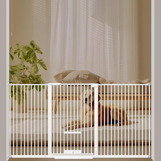 40.55" Tall 1.37" Ultra Narrow Spacing 73.43"-81.30" Extra Wide Dogs Pets Baby Gate with Cat Door for Doorway Safety Proof Indoor Puppy Pressure Mounted No Drill White Black Metal Hallway