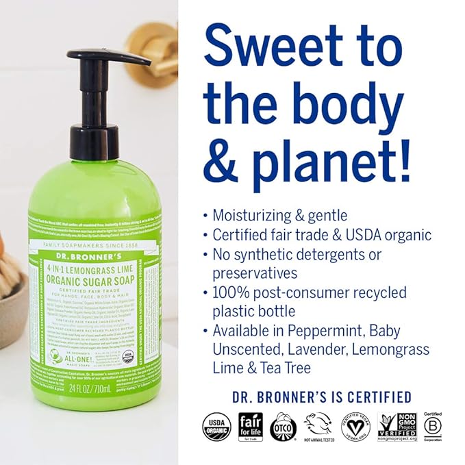 Dr. Bronner's - Organic Sugar Soap (Lemongrass, 24 Ounce) - Made with Organic Oils, Sugar and Shikakai Powder, 4-in-1 Uses: Hands, Body, Face and Hair, Cleanses, Moisturizes and Nourishes, Vegan