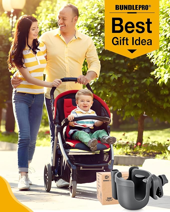 Universal Stroller Cup Holder with Mobile Phone Case, 2-in-1 Strollers Storage Rack, 360 Degrees Rotation Drink Holder for Bike, Pushchair, Wheelchair, Walker,Bicycle, Fits Most Cups (Gray)