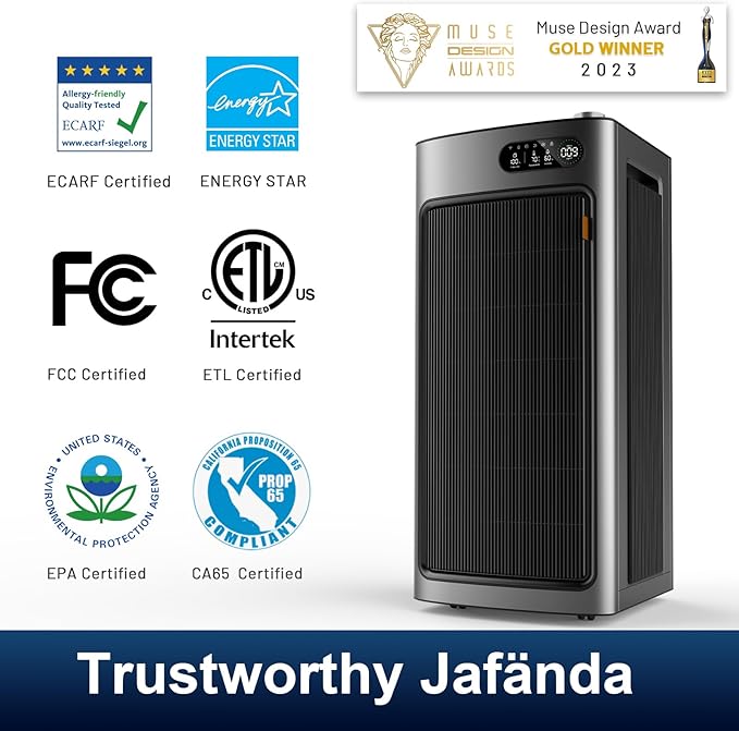 Jafända Air Purifier for Home Office Room Up to 6862 ft², Dual Carbon Air Filter Air Cleaner, Smart Whole House HEPA Air Purifiers Remove 99.97% Dust Pollen Smoke Pet Dander Allergies Mold Odors VOCs