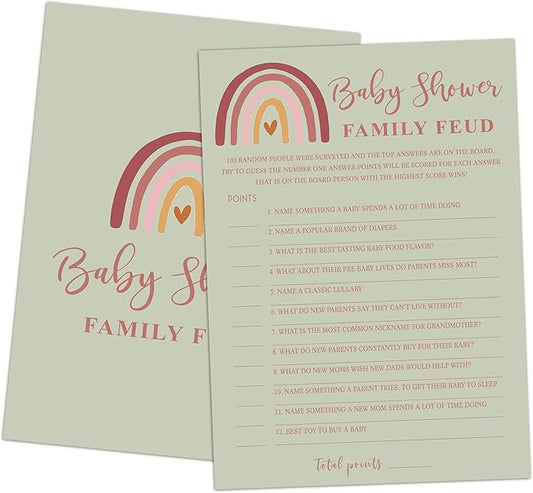 Baby Shower Family Feud Game - 30 Cards, Answer Key, Rainbow Decorations for Boy & Girl, Feud Supplies-05B-Atrovirens
