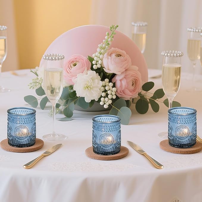 30pcs Votive Candle Holders, 2x2.5inch Blue Glass Tea Light Candle Holder Butterfly Pattern Votives for Wedding, Baby Shower, Party Decor