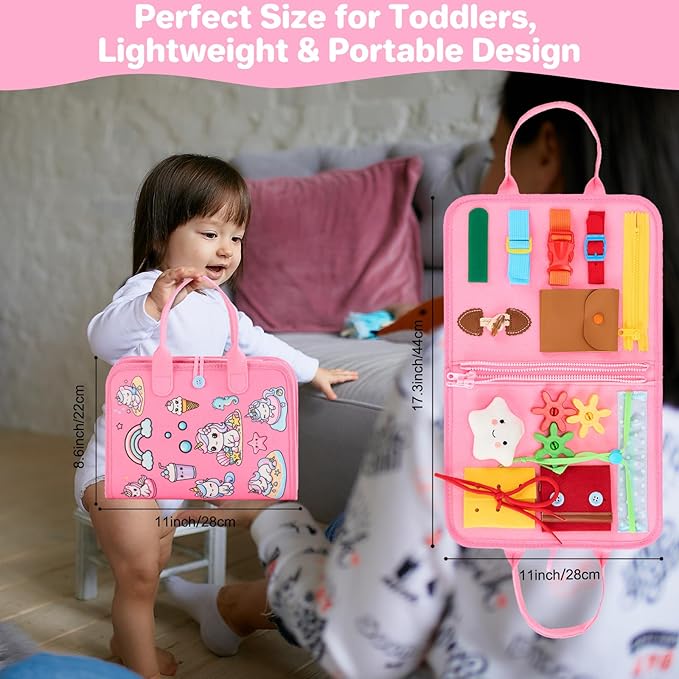 Toddler Busy Board Montessori Toys, Sensory Toys for 1 2 3 4 Year Old Girl, Busy Book Travel Educational Activities for Learning Fine Motor Skills Birthday Gifts (Pink Unicorn/P10)