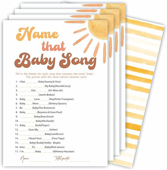 Name That Baby Song Game Kits For Baby Shower - 30 Double-Sided Fill In Watercolor Sunshine Style Game Cards 1 Answer Card For Gender Reveal, Baby Announcement, Party Favor & Supplies - C10