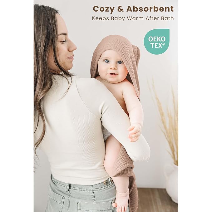 Konssy 2-Pack Muslin Hooded Baby Towels, 100% Cotton, Ultra-Soft & Absorbent Baby Bath Towels with Hood for Newborn & Infant (Taupe,Soft Blooms,30" x 30")