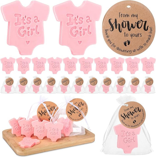 50 Sets Baby Shower Soap Favors for Guests Boy Girl Mini Handmade Scented Soaps with Thank You Tags and Organza Bags for Shower Gender Reveal Party Favors(It's A Girl,Pink Baby Shirt)