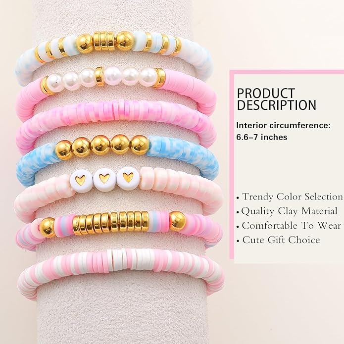Friendship Bracelets Trendy Heishi Clay Bead Bracelets Stack Gold Beaded Stretch Bracelets for Women Boho Stackable Bracelets Bulk Cute Preppy Jewelry