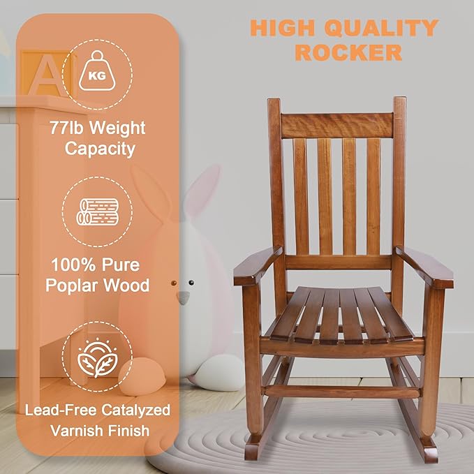 Kids Rocking Chair Set of 2 for Toddlers and Children Comfy Wooden Recliner Rocker for Baby Girls Outdoor Lounge Chair for Kids Age 6-10 Indoor Brown