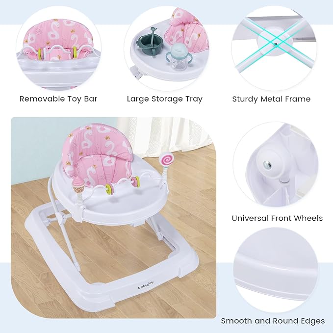 BABY JOY Baby Walker, Foldable Activity Walker with Adjustable Height, Large Tray & Removable Toys, Baby Walker with Wheels for Boys Girls 6-18 Months (Pink, Swan Pattern)
