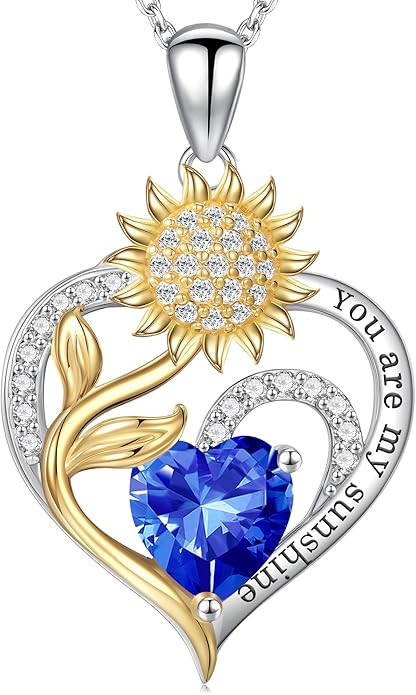 Iefil Sunflower Gifts for Women - Sunflower Necklace Heart Pendant Birthstone Necklace for Women Anniversary Birthday Gifts for Wife You Are My Sunshine 925 Sterling Silver Jewelry for Wife Mom