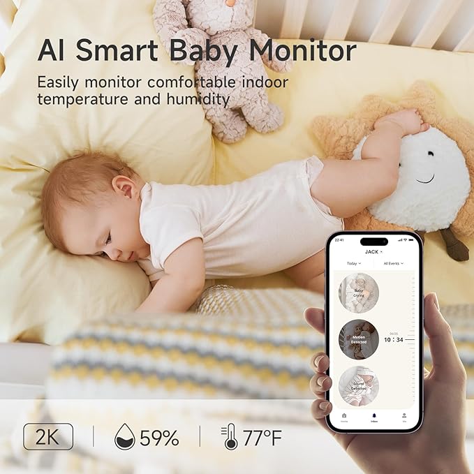 WiFi Baby Monitor with Camera and Audio - 2K Color Night Vision, WiFi Video Baby Monitor - 355° Pan/70°Tilt, AI Motion/Cry/Temp/Humidity Alerts, 2-Way Audio, App for 20 Users, 8 Lullabies