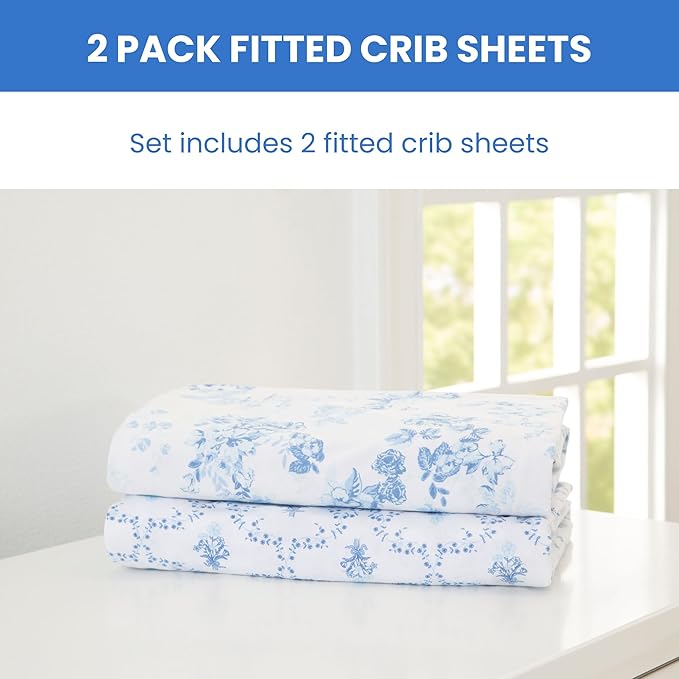 Delta Children Fitted Crib Sheets for Girls and Boys - 100% Organic Cotton Crib Sheet for Standard Crib and Toddler Mattresses - 28x52 Inch - GOTS Certified (Pack of 2), Blue Botanicals