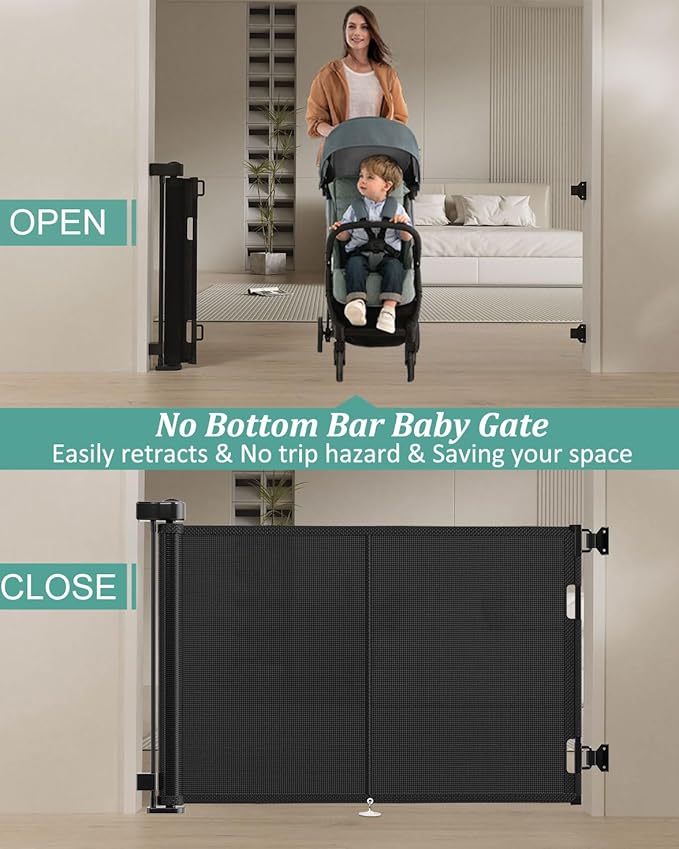 Upgraded 59" Retractable Baby Gates with Reinforced Strip Design to Prevent Crawling Through, 34" Tall Retractable Dog Gate, 5 FT Retractable Gates for Stairs, Doorways, Hallways