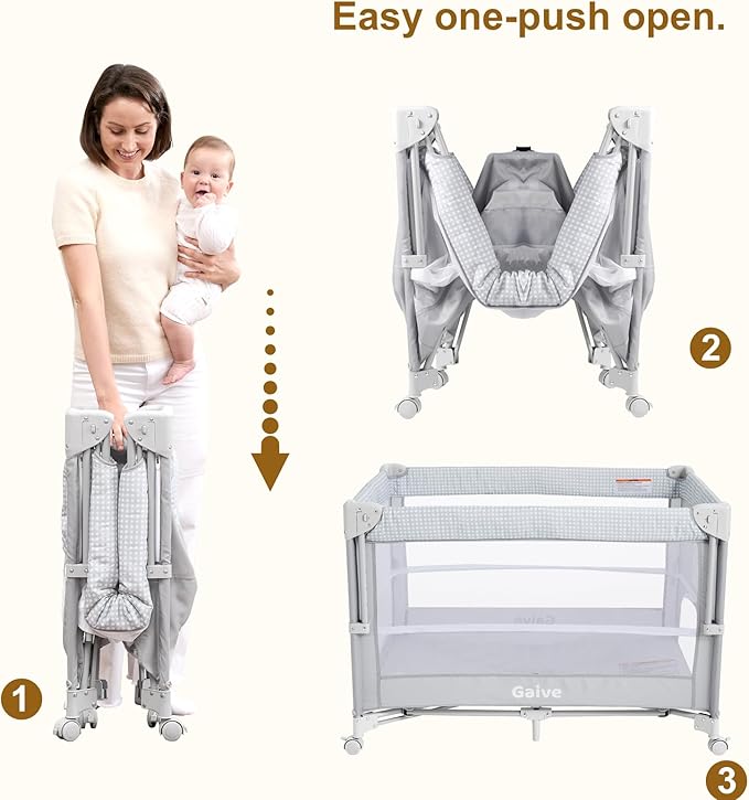 Baby Bassinet Bedside Crib, Pack and Play with Mattress, Diaper Changer, One-Push Setup Playards from Infants to Toddlers (Grey)