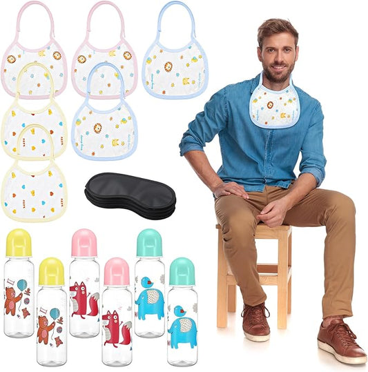 18 Pcs Bottle Baby Shower Games 6 Plastic Baby Bottles Bulk 6 Disposable Eye Mask Shade Cover 6 Baby Bibs Gender Reveal Games Baby Shower Party Games Favors Supplies
