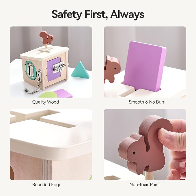 IEATFO Wooden Lock Box STEM Learning Toys for Kids - Montessori Puzzle Cube with 3 Types of Locks (Hook/Chain/Sliding Bolt), Shape Sorting - Early Educational Fine Motor Skills for Boys & Girls