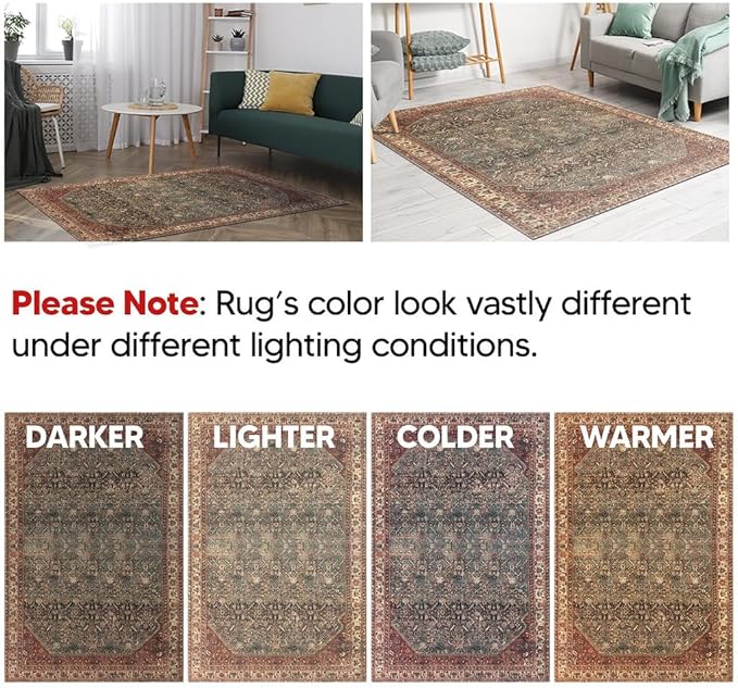 Keen Home Design 5x7 Rug - Machine Washable Area Rug with Non-Slip Backing, Ideal for Living Room, Dining Room, Bedroom - Vintage, Easy Clean, Durable, Low Pile Rug - (5' x 7')