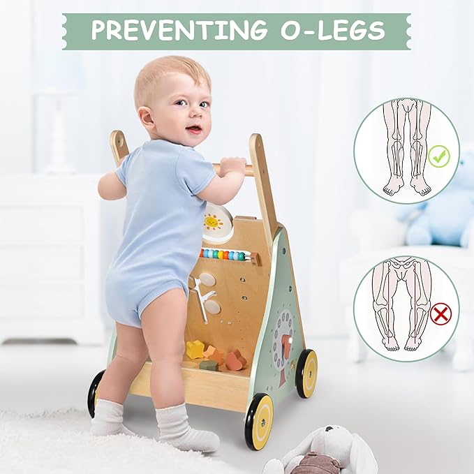 Wooden Baby Walker, Multiple Learning Activities Center Develops Motor Skills for Infant to Toddler, Push and Pull Walkers with Wheel for Boys Girls