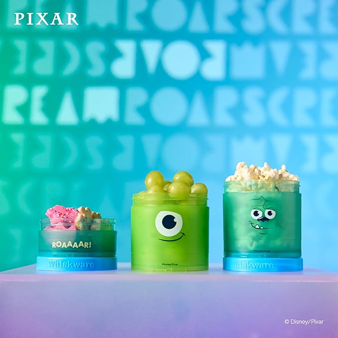 Whiskware Disney Pixar Stackable Snack Containers for Kids and Toddlers, 3 Stackable Snack Cups for School and Travel, Monsters Inc Mike Wazowski and Sulley