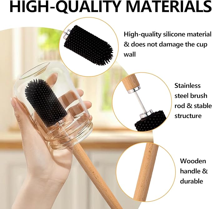 Baby Bottle Cleaner Brush Set Long Handle Silicone and Sponge Cleaning Brush for Beer Bottles, Cups, Wine Glasses, Coffee Mugs, Tumblers, Thermos,Replaceble Brush Head (4-Pack)