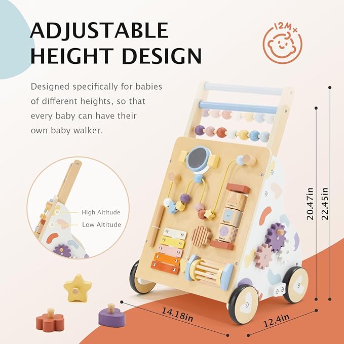 Wooden Baby Walker, Baby Push Walker, Montessori Walker Toy for Babies 12M+ Learning to Walk & Sit-to-Stand, Adjustable Speed Walkers for Boys, Baby Activity Center with Sensory Toy for Girls