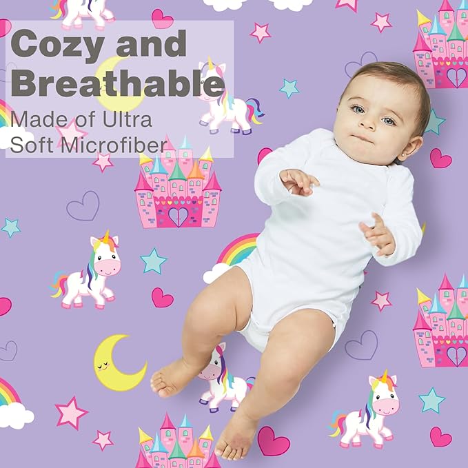 EVERYDAY KIDS 2 Pack Fitted Girls Crib Sheet, 100% Soft Breathable Microfiber, Baby Sheet, Fits Standard Size Crib Mattress 28in x 52in, Nursery Sheet - Unicorns/Hot Pink