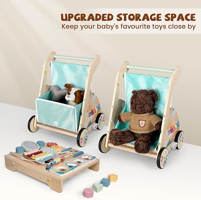 Wooden Baby Walker, Detachable Double-Sided Busy Board, Baby Walking Toys Push Walkers for Babies 6-12 Months