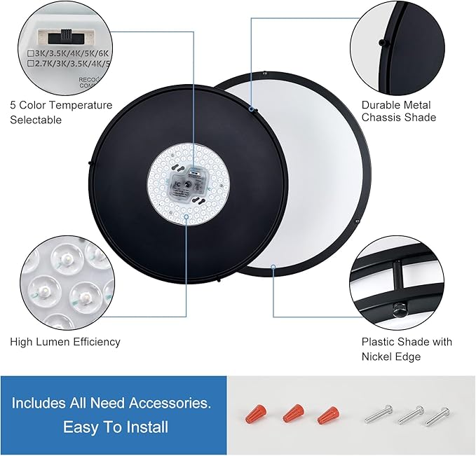 DLLT Flush Mount LED Ceiling Light: 16 Inch 5CCT (3000K-6000K) & Dimmable Ceiling Light Fixtures for Bedroom Hallway - 36W Modern Black Super Bright Kitchen Lighting Fixtures Ceiling