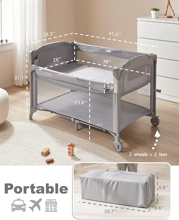 BEKA 4 in 1 Baby Bassinet Bedside Sleeper, Baby Bedside Crib 4 Functions, Bedside Bassinet Crib Sleeper, Playard, Changing Table, Baby Bassinet for Newborn Baby