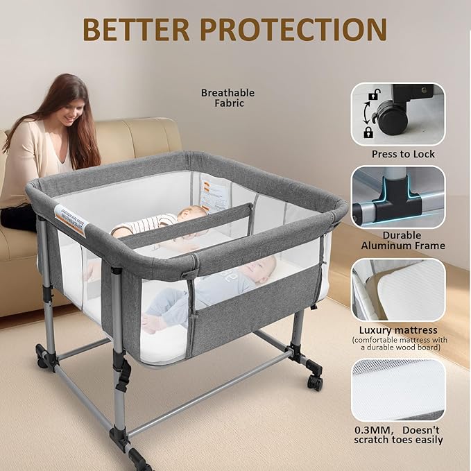 Twin Bassinet for 2 Babies, Double Bassinet for Twins, Baby Bassinet with Wheels, Full-Mesh Sides, 5-Height Adjustable, Portable and Stable Baby Crib for Newborns (Basic Grey)
