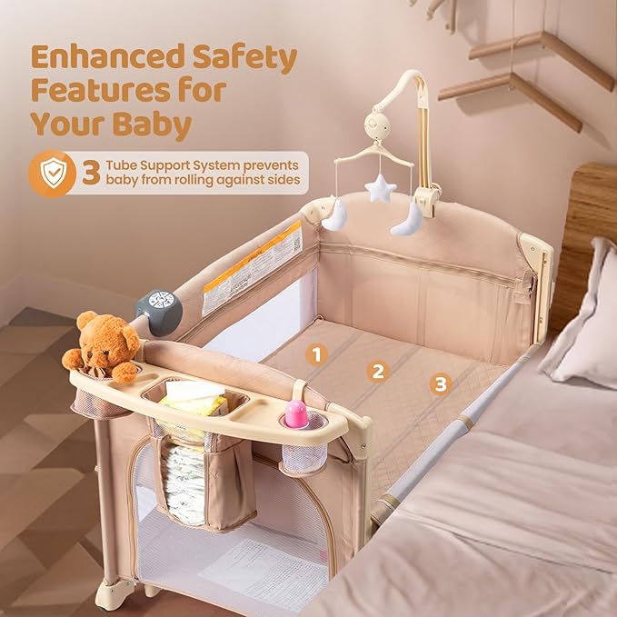 JOYMOR 9 in 1 Bedside Bassinet with Changing Table, Pack and Play with Bassinet, Convert to Rocking Baby Bed with Electric Music Center, Mosquito Net, Toy, Storage, Beige