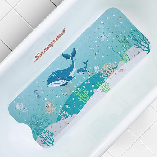 Cartoon Baby Bath Mat, Kids Bathtub Mat Non Slip for Toddler Bath Shower Anti Slip, 40In X 16In with Drain Holes and Suction Cups Machine Washable, 2-Whales