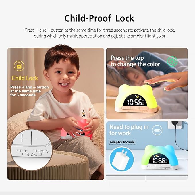 Hournor Kids Alarm Clock, Ok to Wake Alarm Clock for Kids, Toddlers Sleep Training Clock with 12 Colors Night Light for Bedroom, Sound Machine, Birthday Gift for Boys Girls Children(Adapter Include)