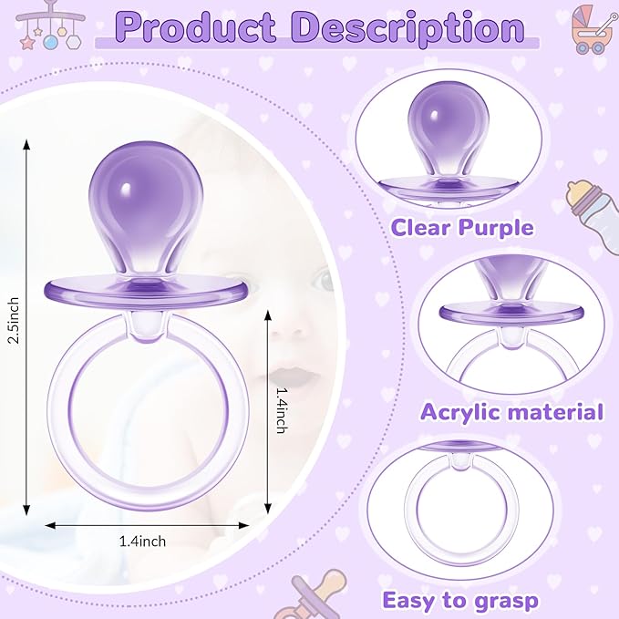 Jetec 48 Pieces 2.5 Inch Acrylic Baby Pacifiers Gender Reveal Party Decorations for DIY Baby Shower Birthday Party Favors(Purple)