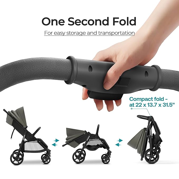 Mompush Nova Baby Stroller for Toddler, Infant & Newborn | Spacious Seat & Lie-Flat Mode | Compact One-Hand Fold, UPF 50+ Canopy & All-Wheel Suspension | Includes Rain Cover & Cup Holder, Green